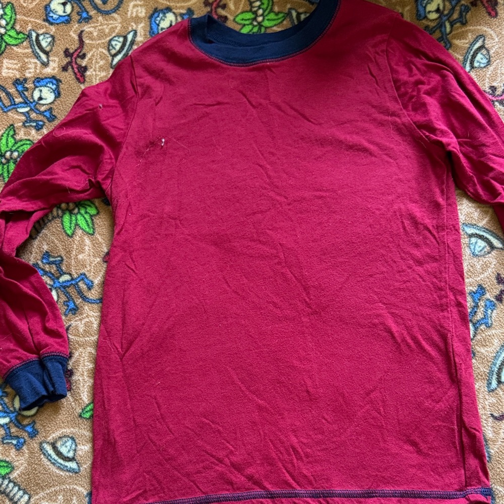 Long Sleeve Crewneck Shirt in Deep Red with Navy Trim